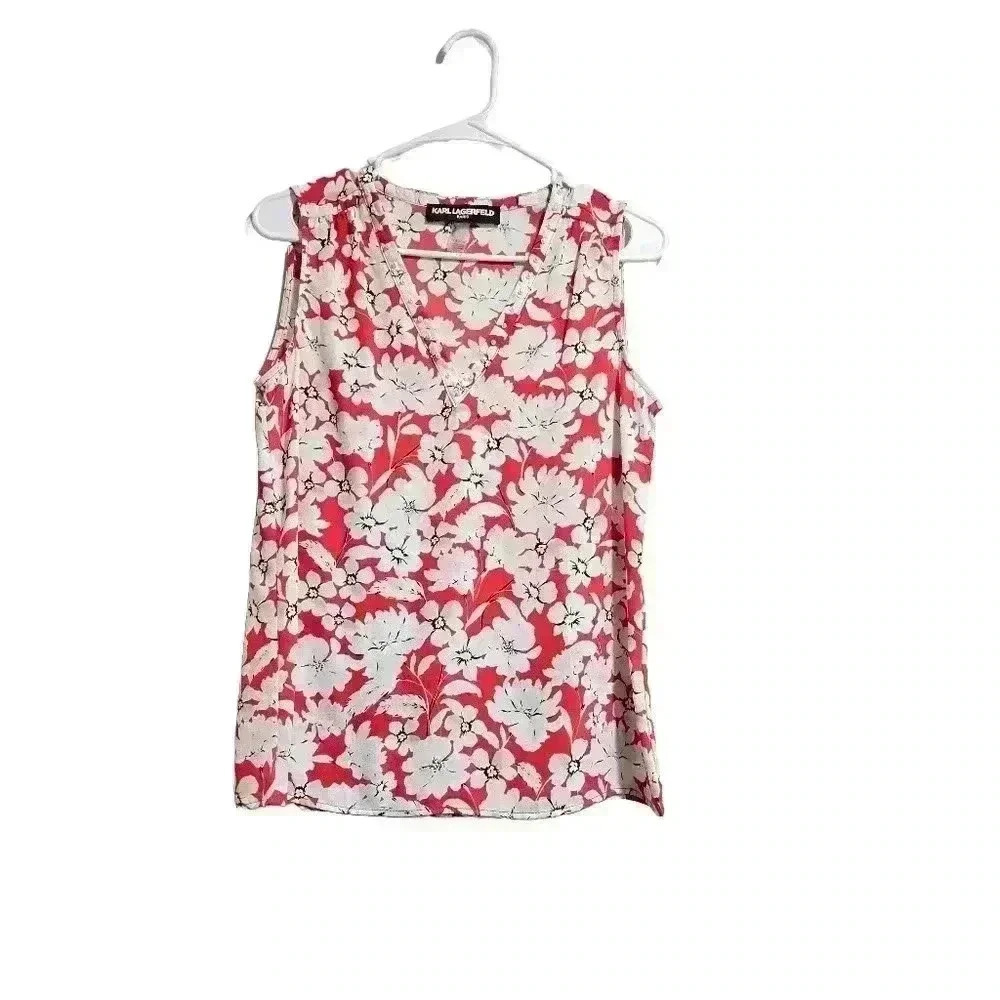 Karl Lagerfeld Red Floral Sleeveless Blouse - Women's Designer Summer Top